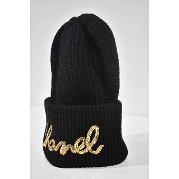 Chanel 22A Cashmere Black Gold Sequin CC Logo Beanie Winter Hat Cap Cloche main image 11